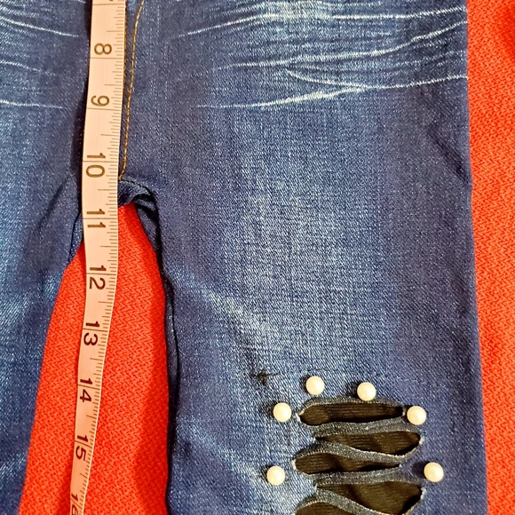 Distressed faux 'jeggings' faux pearl accents black and blue XS SMALL - Picture 6 of 7